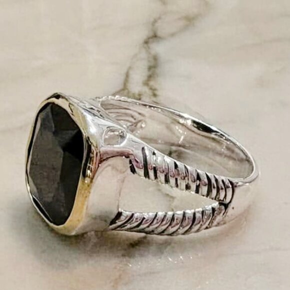 Hot Fashion Twisted Cable Two Tone Cusion Cut Black CZ Statement Ring Sz 7 - Picture 2 of 3